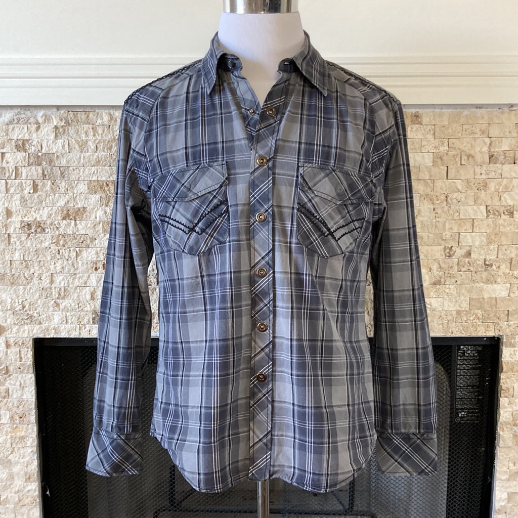 Rock & Roll Cowboy Snap Button Down Shirt Medium Gray Plaid Embroidered